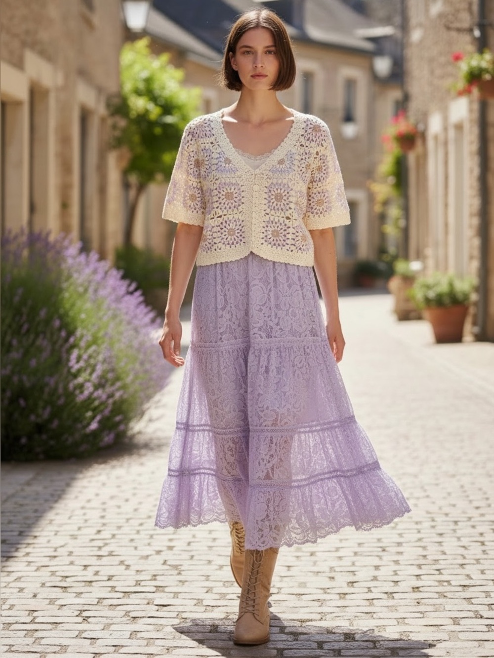 Hem & Thread Lavender Cream Crochet Top